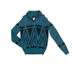 Karl Lagerfeld Men's Teal Blue Retro 90s Inspired Shawl Neck Geometric Sweater M